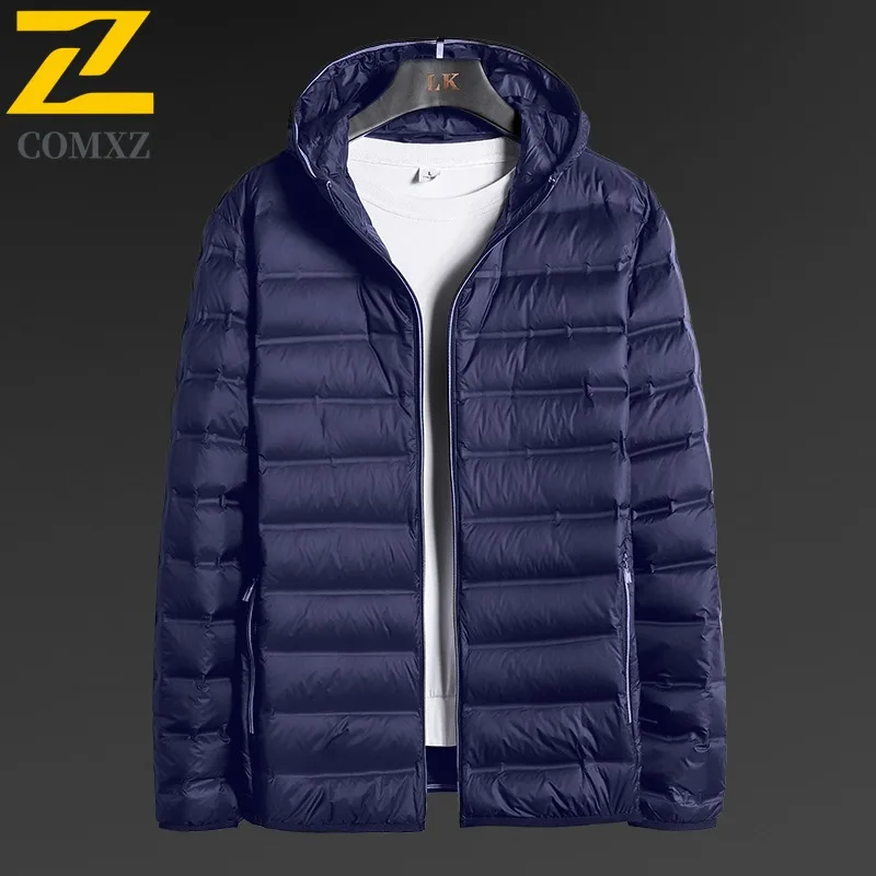 COMXZ 2025 Mens Winter Hooded Thick Puffer Jacket American Style Waterproof and Windproof Long Outdoor Sports solid color Coat