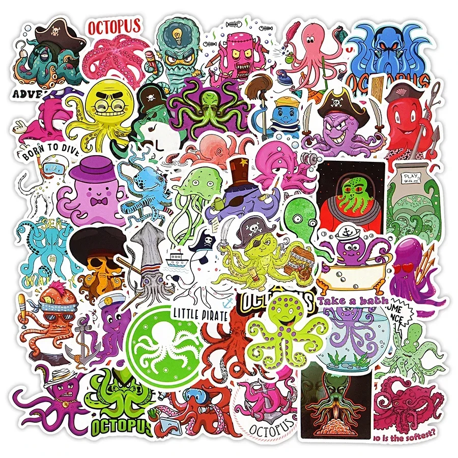 50 PCS Octopus Cartoon Stickers Cool Cute Funny Animal Anime Waterproof Stickers for Kids DIY Scrapbook Bike Toys Decoration