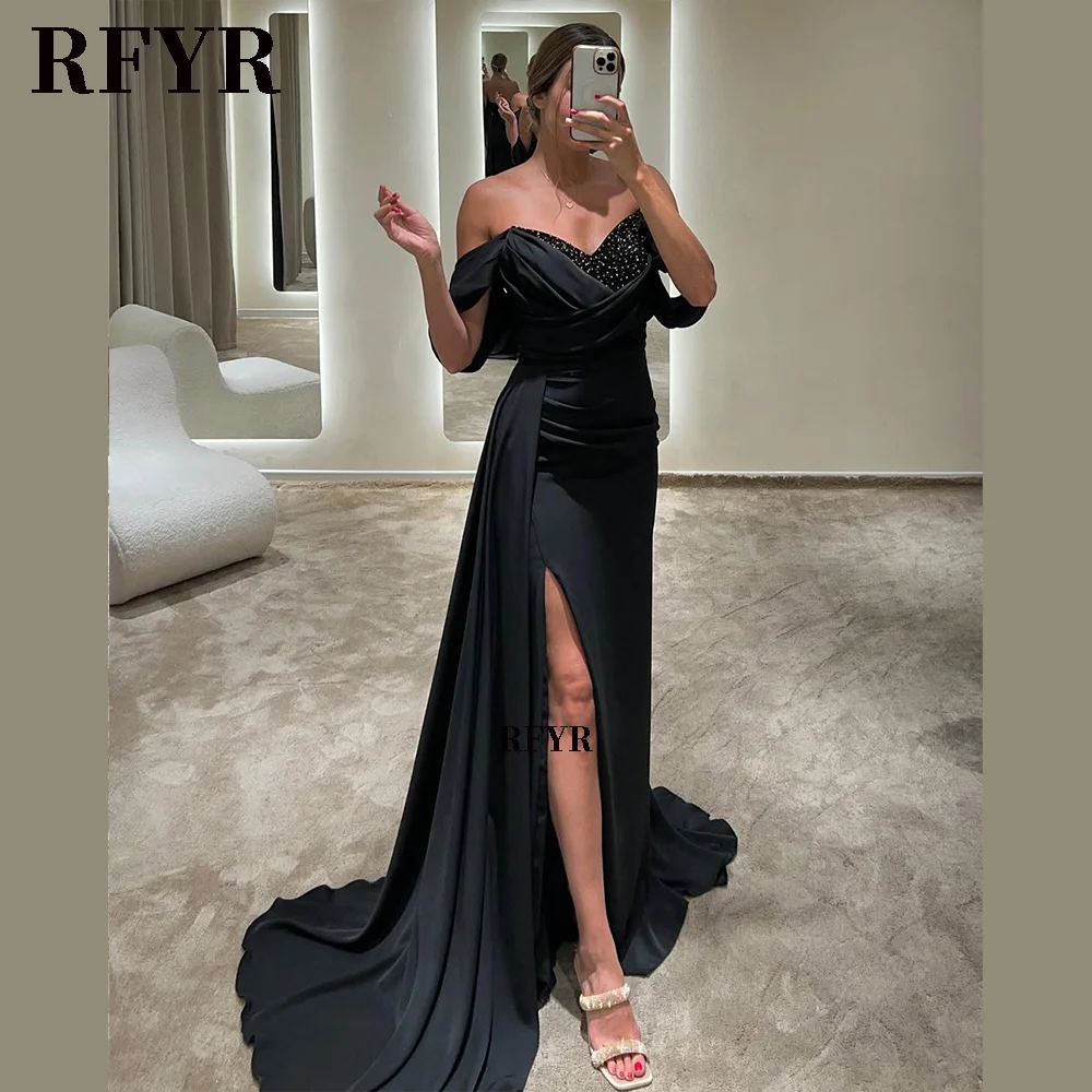 

RFYR Off Shoulder Party Dress with Side Train Formal Cocktail Dresses with High Slit Wedding Party Dress Customized