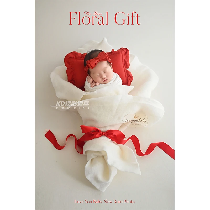 Floral-shaped Newborn Photography Props Lace Bonnet + Swaddle Wrap + Pillow + Bow Headband + Felt Set, Cute Photoshoot Outfit