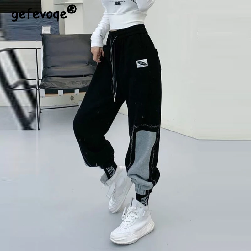 2023 Autumn Winter Women Korean Fashion Contrast Color Sports Joggers Baggy Harem Pants Casual Streetwear Fleece Warm Sweatpants