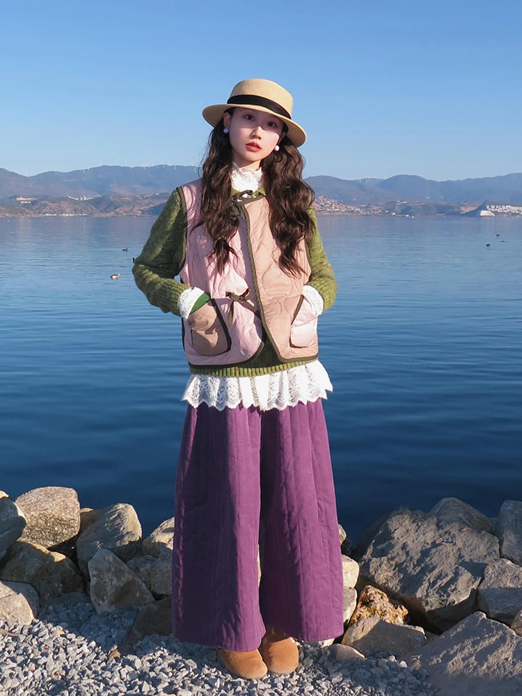 Sli Color Blo round Ne Svel Vest Jaet المرأة الخريف الشتاء الدافئة ملابس خارجية فضفاضة تخفيف Sle Morning Bell E...