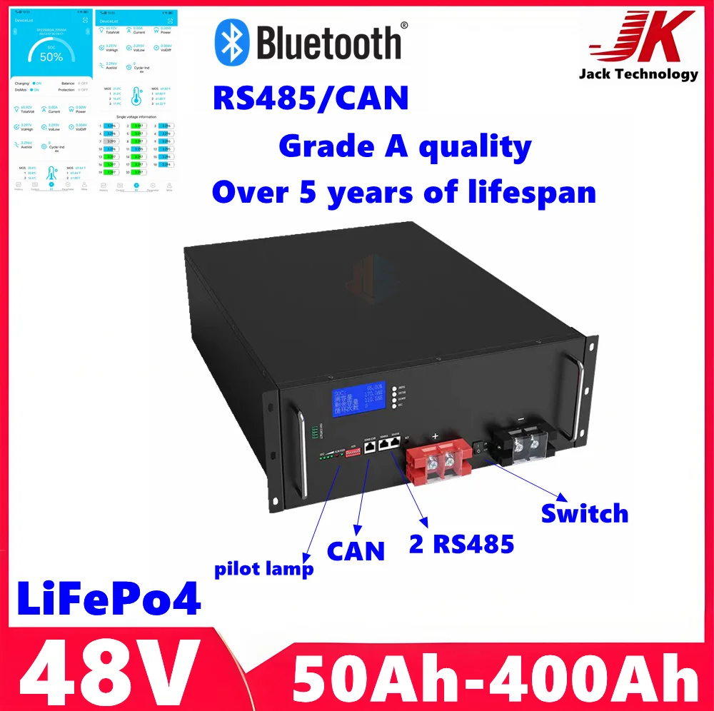 

JK 51.2V 10KWh Solar lithium Battery 48v 200AH LiFePO4 100AH 250AH 300Ah 400Ah RS485/CAN 6000+Cycle for Off Grid PV Inverter RV