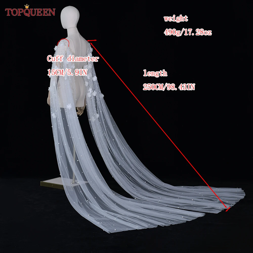 TOPQUEEN VG110 Bridal Shawl Wedding Cape White Flowers With Pearls Draped Newly Designed Cape for Wedding Dress DIY Bolero Women