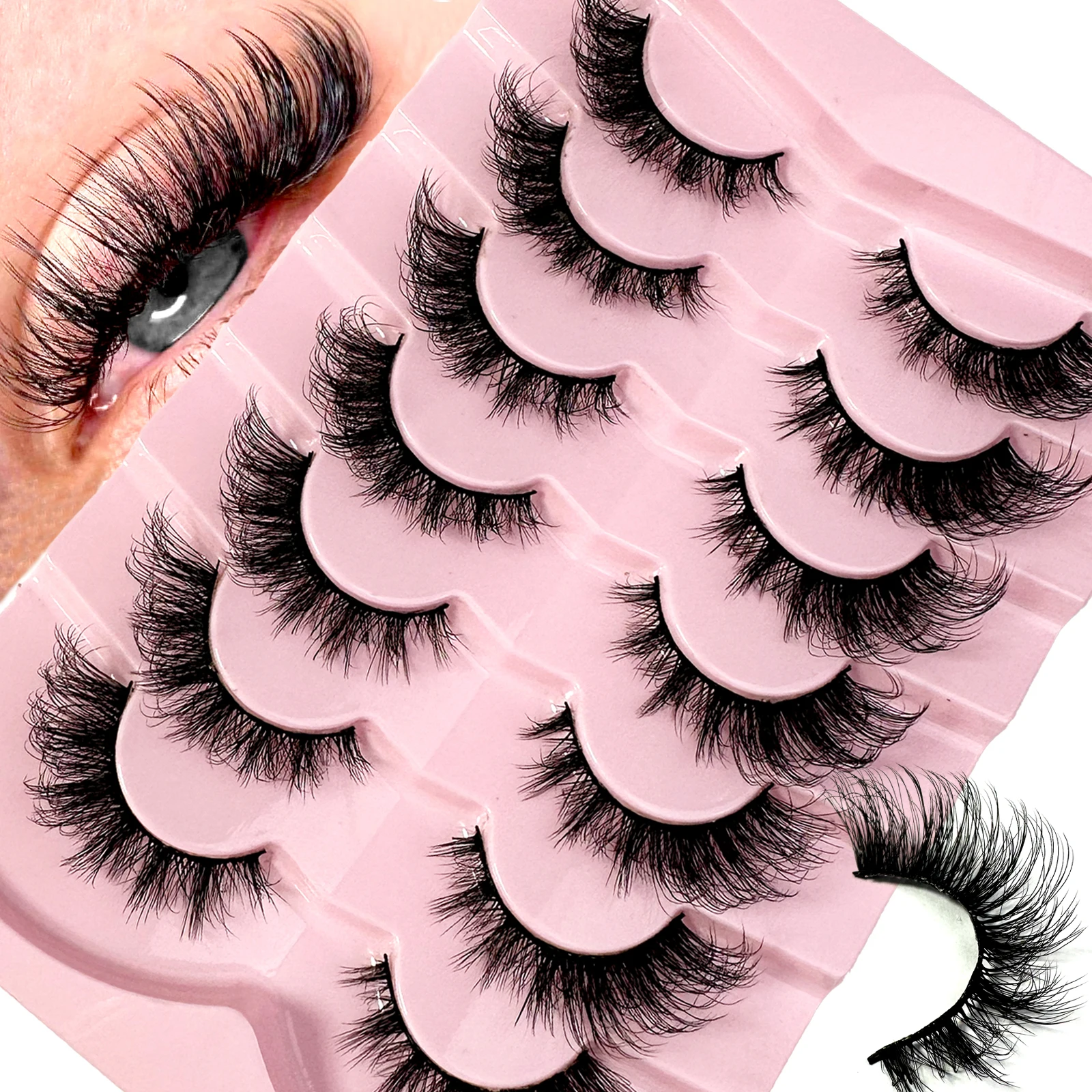 Wholesale 7Pairs Eyelashes Cat Eye Lashes Thick Wispy Russian Strip Lashes Mink Fluffy Strip Fluffy False Lashes Makeup