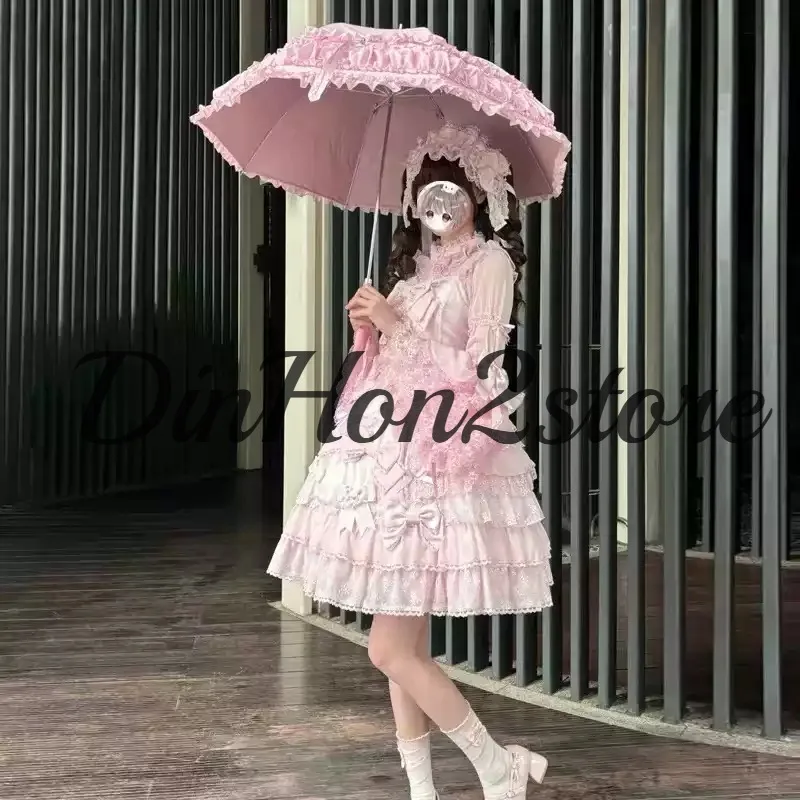 Heart Love Lolita Sun Protection Umbrella Girl Heart Princess Umbrella Color Matching Lace Straight Handle Bird Cage Lo Umbrella