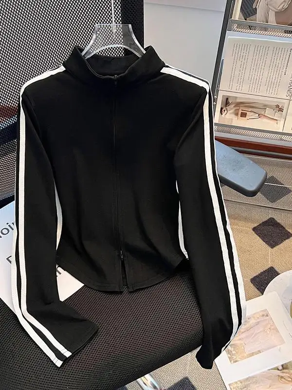 

Color Blo Stripe Zipper Stand Collar Long Sve ort Coat Women's Casual Fce Lined Slim Fit Top Outerwear Spring Autum...