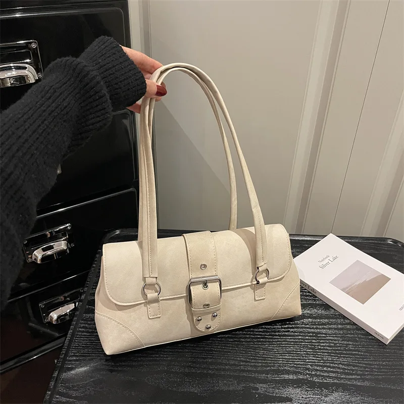 Vintage Buckle Design Shoulder Bags for Women Large Capacity Ladies Work Underarm Bag Simple Versatile Female Tote Handbag