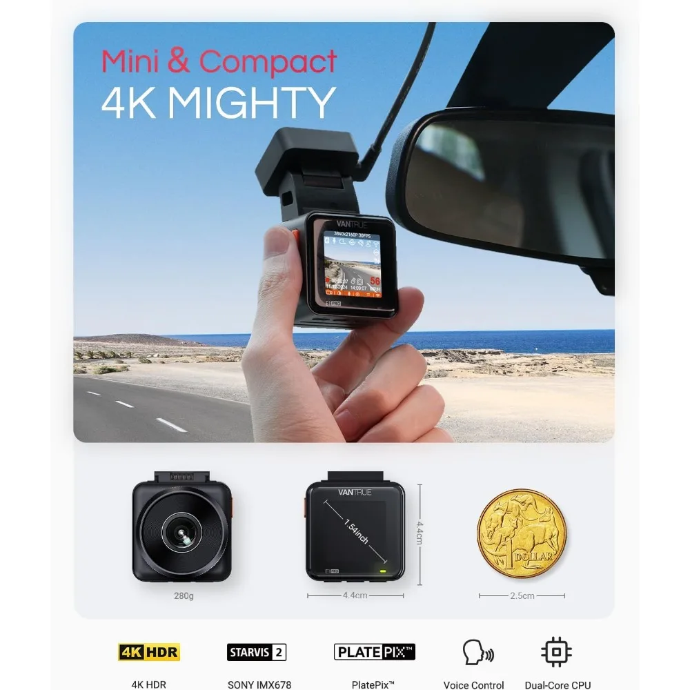 كاميرا Vantrue E1 Pro 4K Mini Dash Cam الأمامية، كاميرا سيارة STARVIS 2 PlatePix HDR للرؤية الليلية، مدمجة 5G WiFi GPS، شاشة IPS 1.54 بوصة،