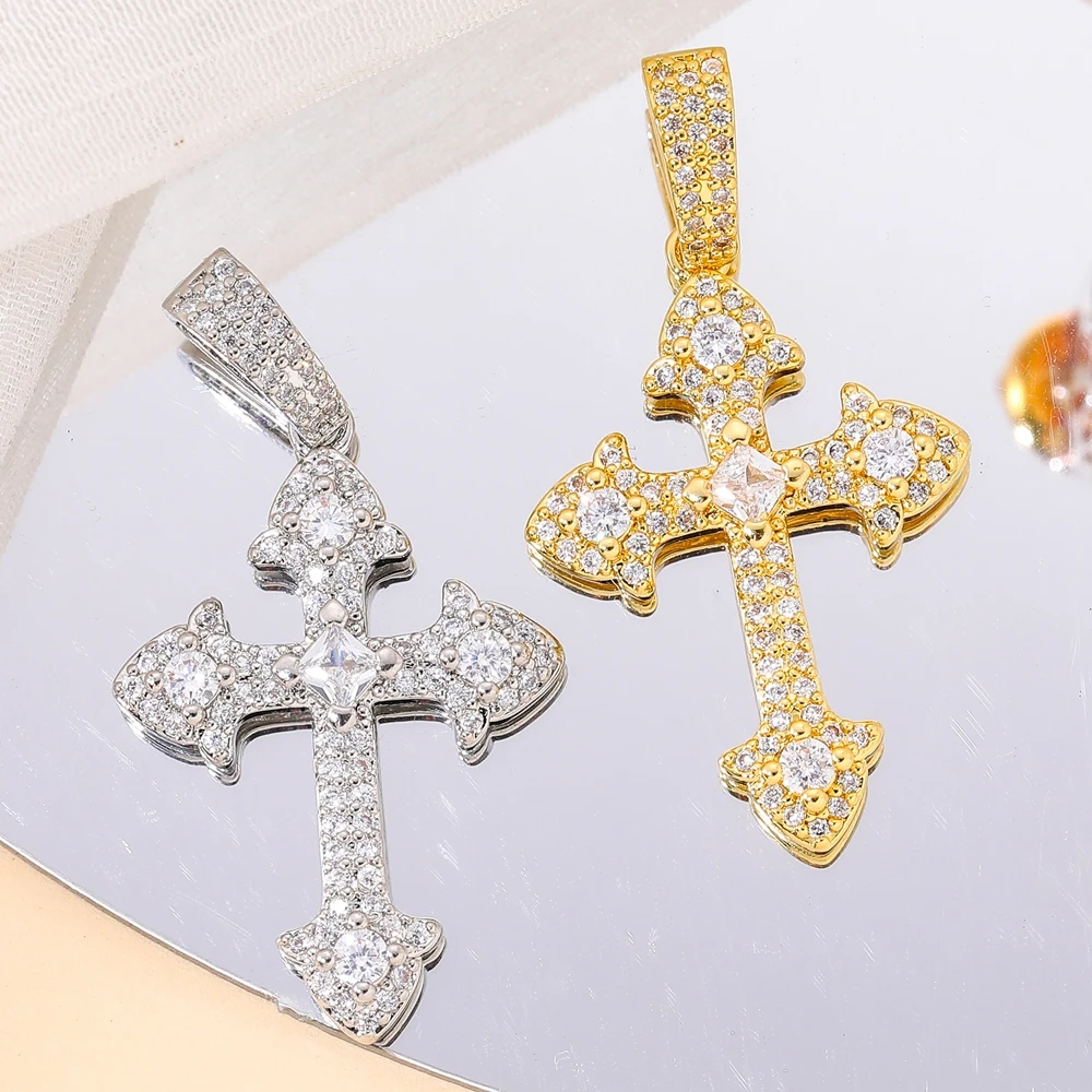 Juya 18K Real Gold Plated Micro Pave Zircon Handmade Catholic Christian Crosses Charms For DIY Religious Rosary Jewelry Making