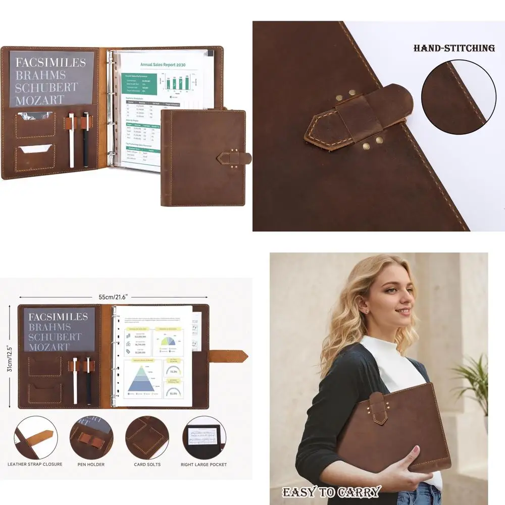 

Large Capacity 4-Ring Leather Portfolio Binder for Men and Women - Genuine Cowhide Resume Folder Organizer with A-Size Capacity