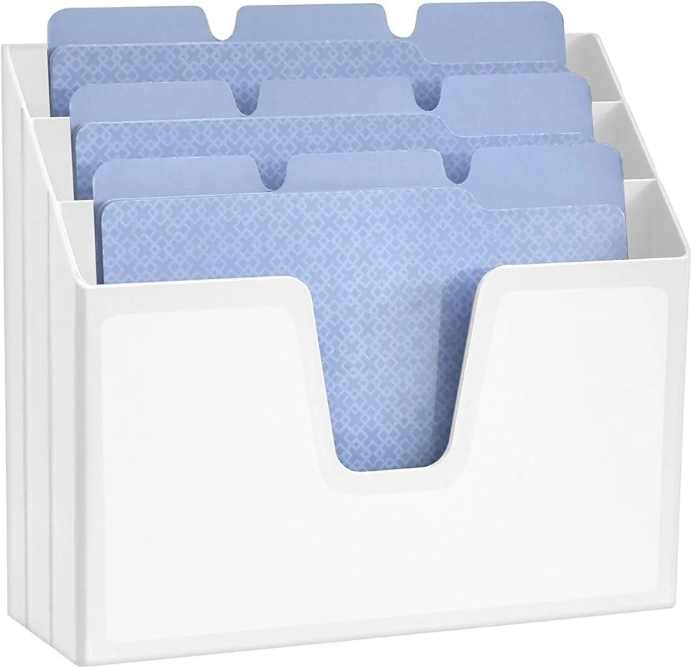 Horizontal Triple File Folder Holder Organizer in White for Office and Home Use
