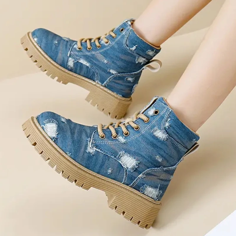 2023 Women\'s Boots New Winter Fashion Denim Boots Round Toed Ankle Boots for Women Leisure Shoes Ankle Booties Thigh High Boots