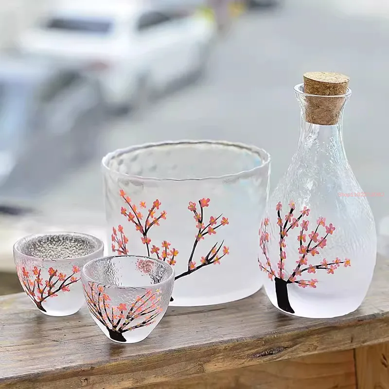 

Cherry Blossom Pattern Glass Wine Set Japanese-style One Pot Four Cups Warm Sake Home Vodka Spirit