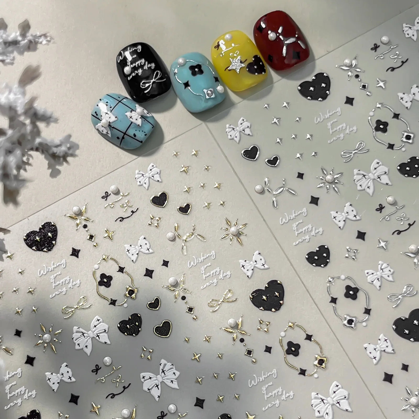 5D Cute Bowknot French Leopard Print Ribbon Nail Stickers Pearl Star Love Coloful Polka Dot Bow Tie DIY Nail Art Stickers Decals