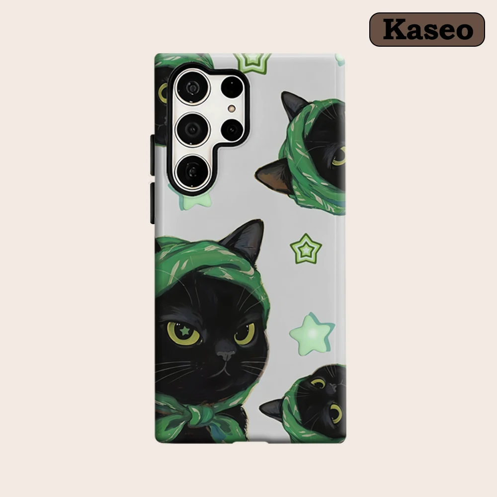 Kaseo Phone Case for Samsung Galaxy S26 S25 Ultra S24 Ultra Plus Shockproof Double Layer Stylish Black Cat Green Bandana Cover