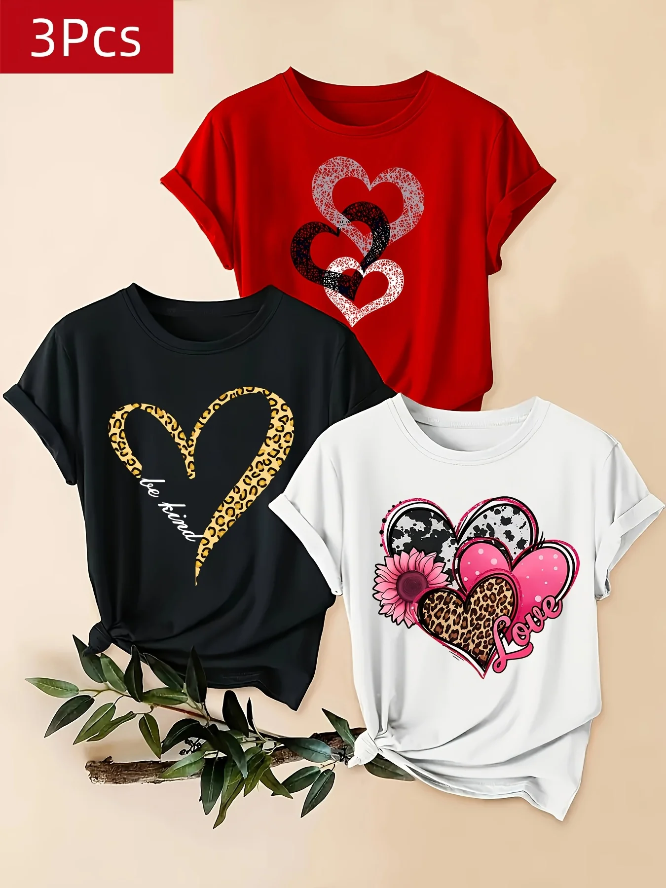 

3 - Piece Plus - Size Round Neck T - Shirt Set with Heart - themed Prints: Stylish and Versatile
