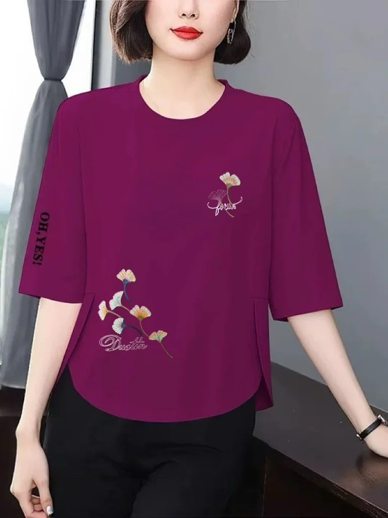 

Модная женская футболка свободного кроя с принтом и рукавом 3/4, дышащий топ из полиэстера с круглым вырезом для женщин среднего и пожилого возраста