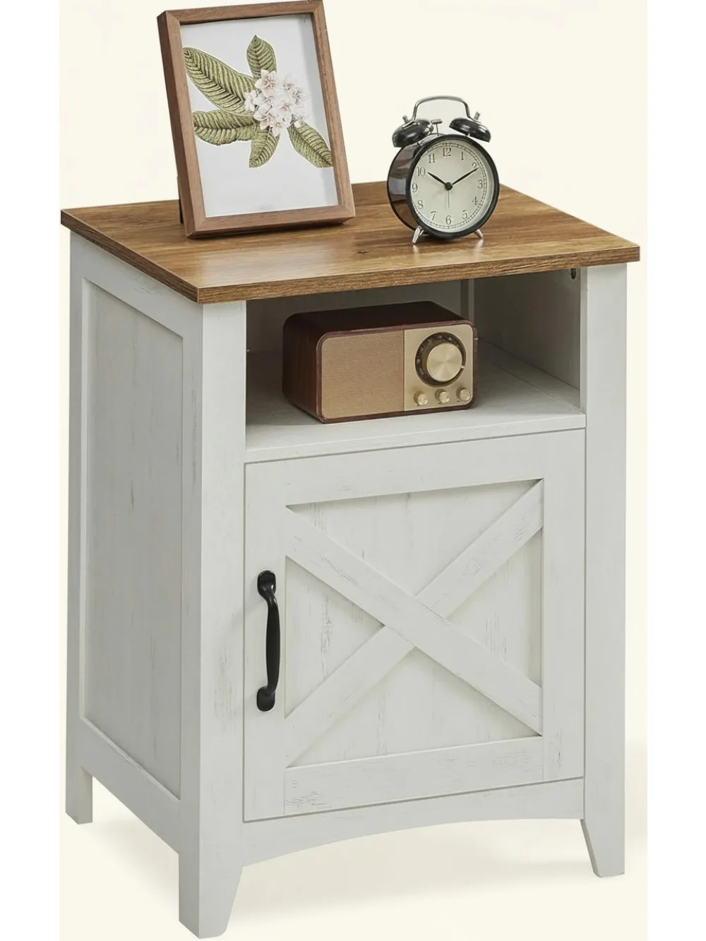 

Farmhouse Nightstand with Barn Door, Rustic Bedside Table with Storage, Open Compartment for Bedroom Decor