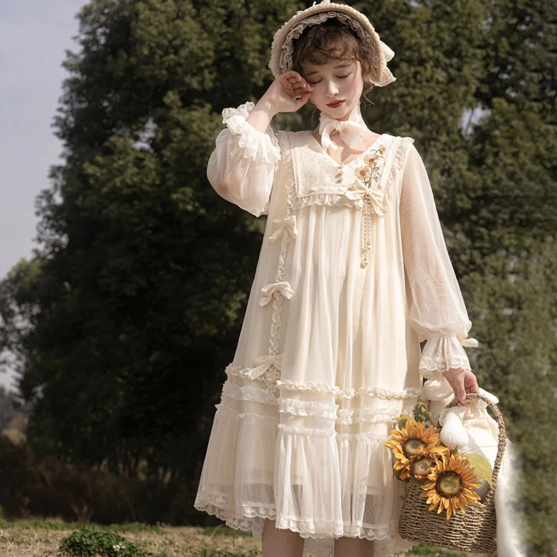 Originele Zonnebloem Borduren Lolita Dagelijks OP Uitlopende Mouw Jurk Lente Herfst Lange Mouw Sheer Mesh A-lijn Jurk Lolita Jurk