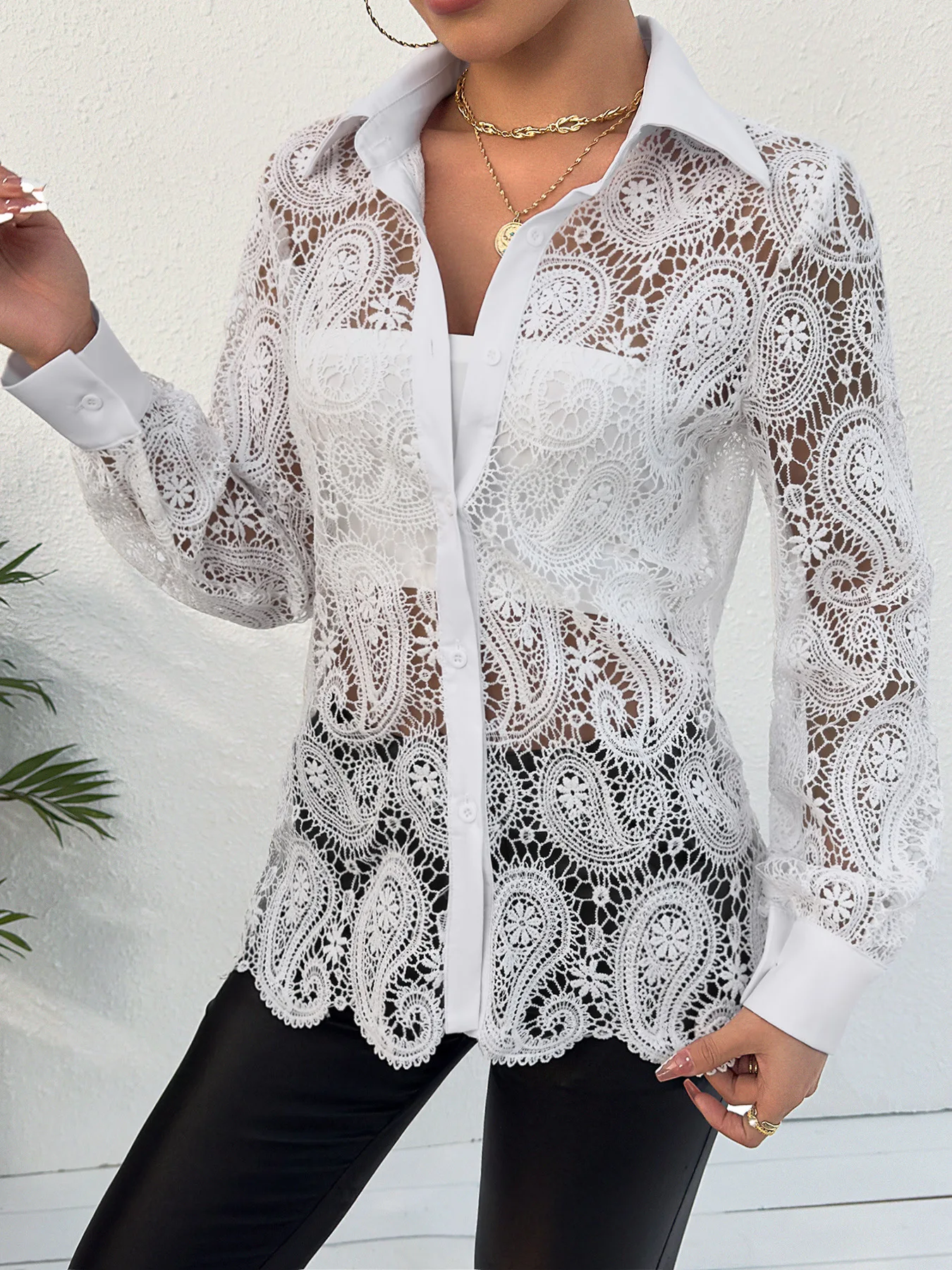 Women's Long Sleeved Lace Lapel Hollow Button Shirt Top for Spring/summer 2024