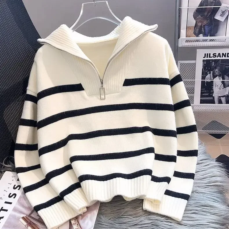 Sweater Pullover Women Spring Autumn Underwear 2024 New Zipper Stripe Underlay Short Style Popular Premium  Female Tops