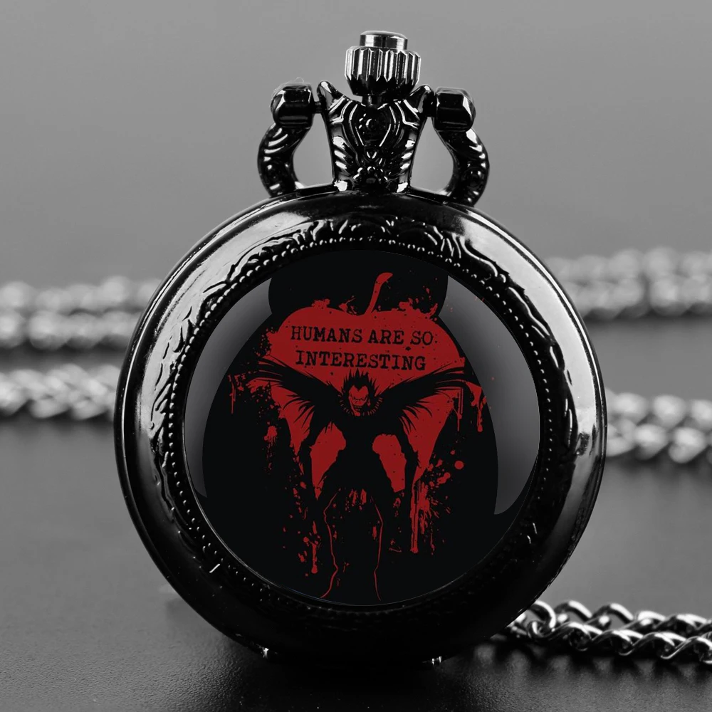 Orologio da tasca al quarzo nero con cupola in vetro Death Note con quadrante con numeri arabi e catena resistente, regalo retrò per uomini e donne