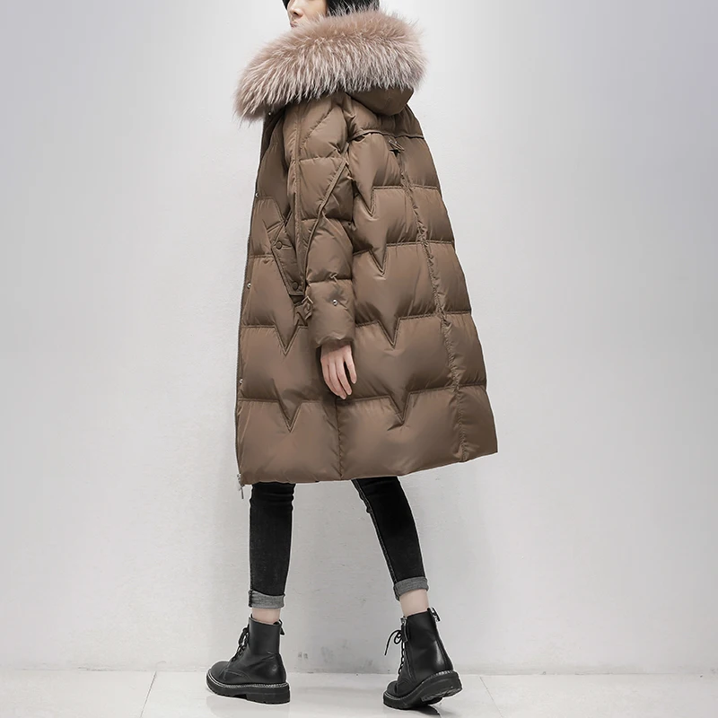 

Winter New Large Natural Real Fur Collar Hooded Feather Long Down Jacket Women Bubble Cuff Warm Down Coat Casual Loose Outwear