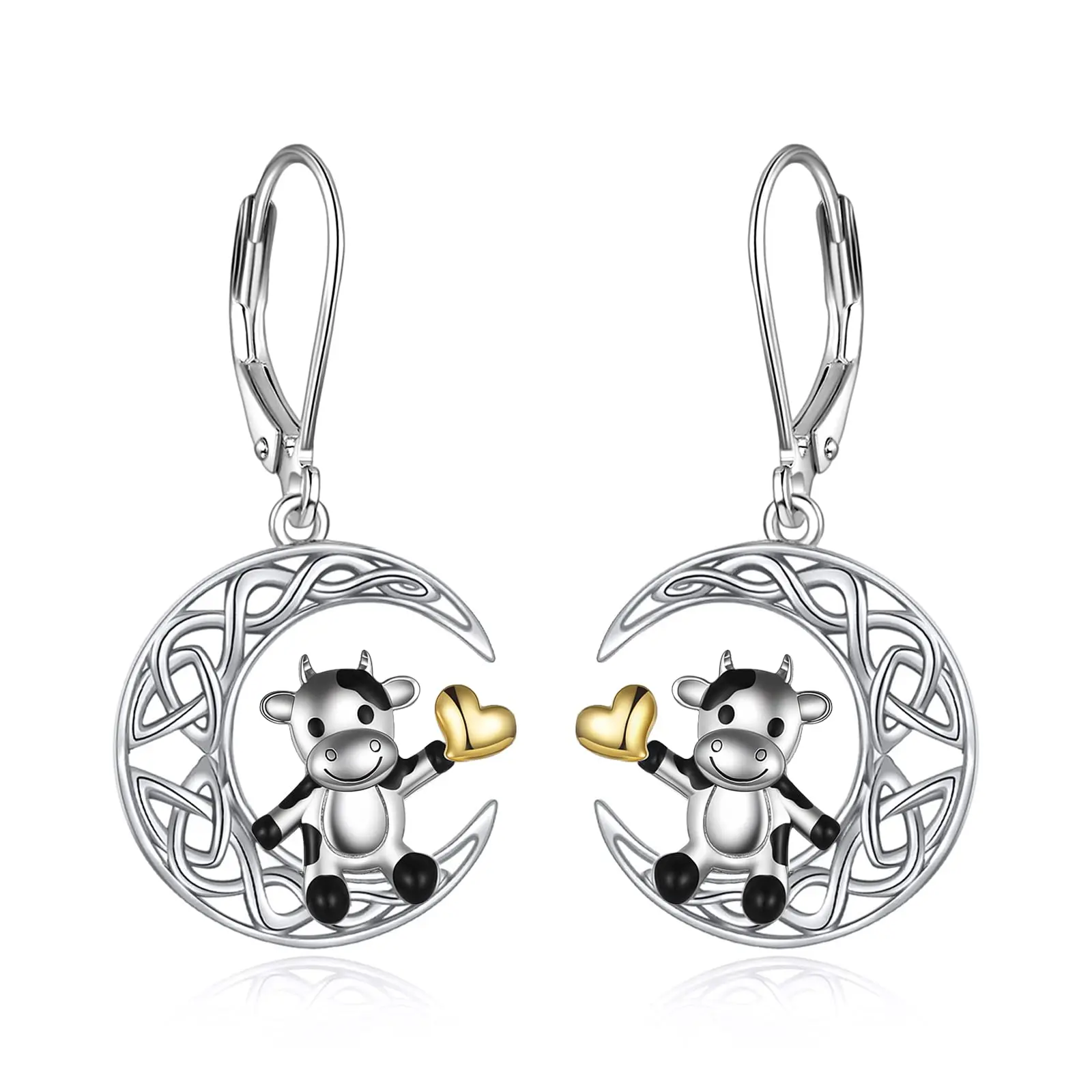 

Cute Cow On Crescent Moon Leverback Dangle Earrings For Women