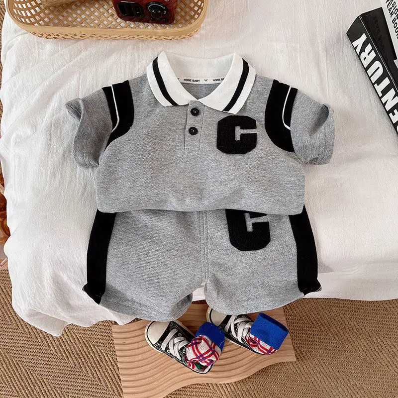 

Summer Boys Clothes Korean Version Short Sleeve Thin Tide Letter Printed Two Piece Set Contrasting Colors Pullover Polo Shirt