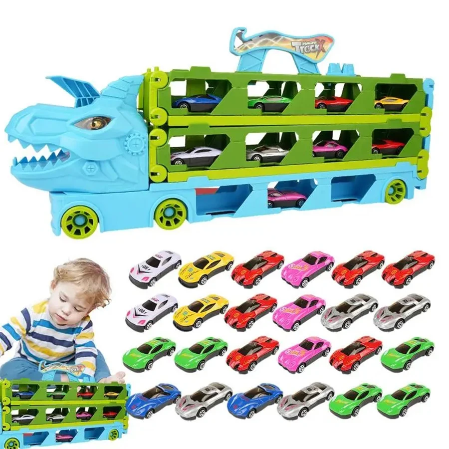 Car Carrier Truck Toy Dinosaur Track Hauler Truck With Ejection Race Track Transport Car Carrier Truck Gift For 3 4 5 Boys