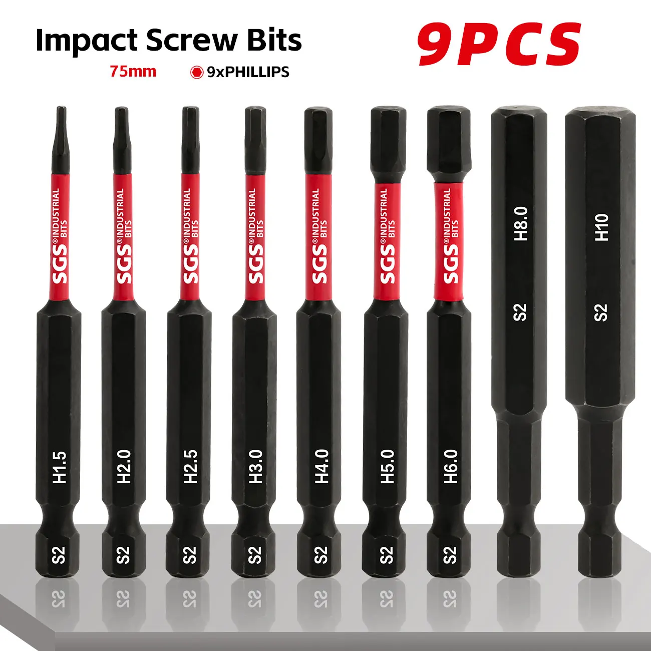 9-teiliges Industrie-Qualität S2 Stark Magnetisches Sechskant-Schlagschrauber-Bit-Set, 75mm Verlängerte Schraubendreher-Bits, Elektrobohrer Sechskant-Schraubendreher-Bits H1.5-H10 – Detail 2