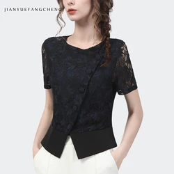 Lace Top Women Summer Short Sleeve Hook Flower Hollow Vintage Slim Button-Down Shirt O-Neck Short Female Bottoming Small Blouses