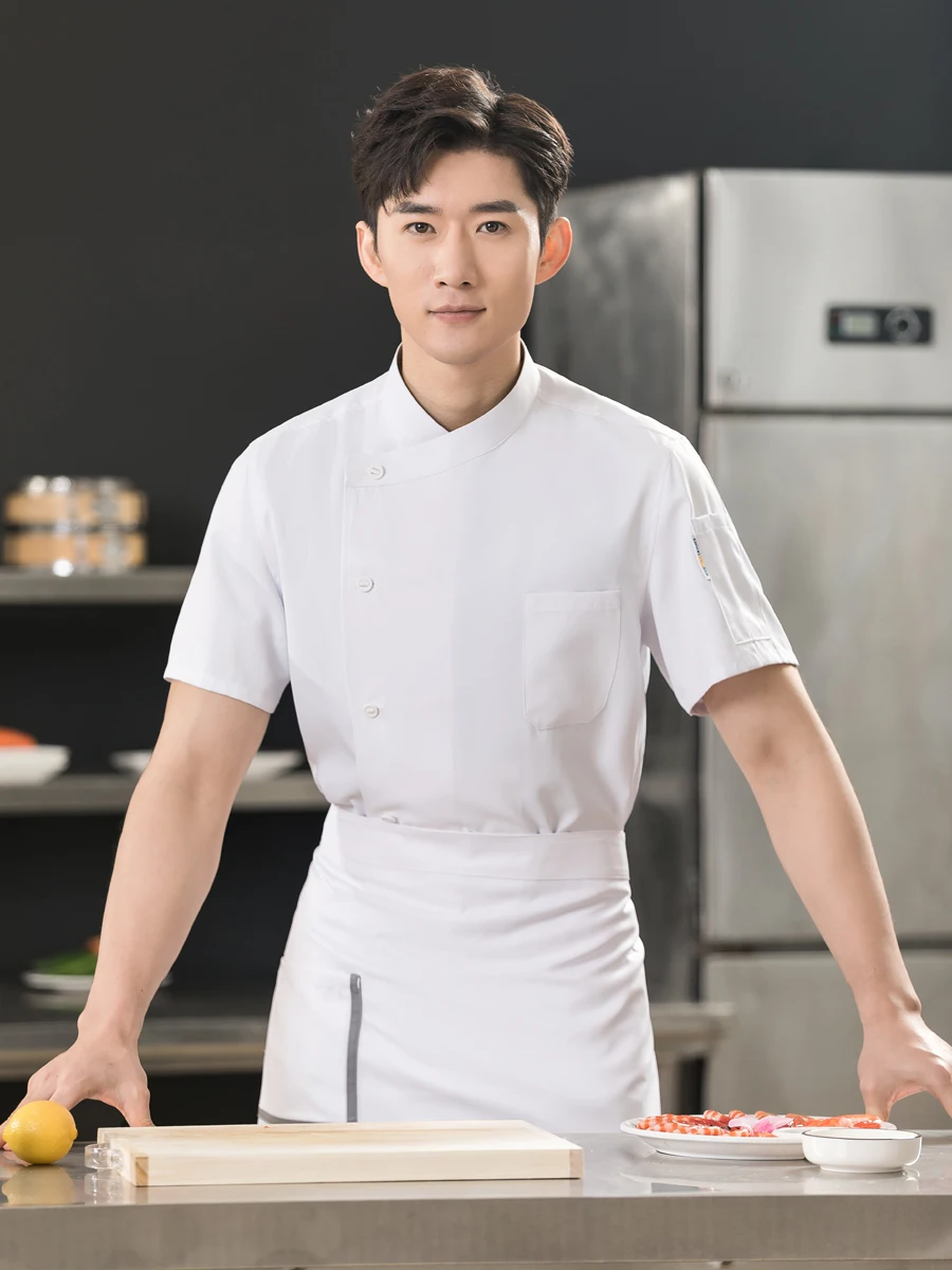 Uniforme fino de chef masculino manga curta, roupa branca de cozinha, roupa de cozinheiro, hotel e hotel, restaurante e restaurante, verão