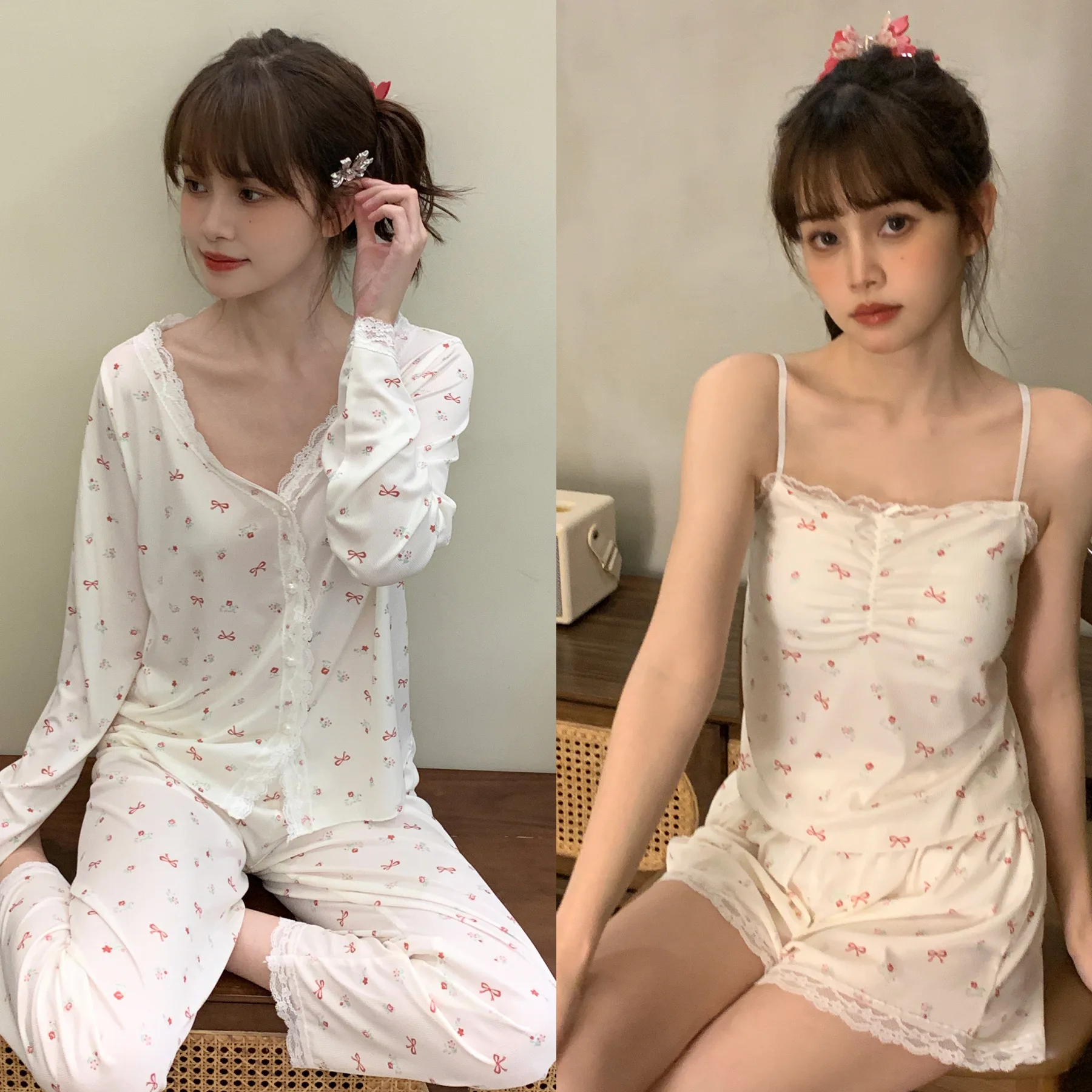 

V-Neck Print Modal Pajamas Set Lace Kimono Bathrobe Gown Sleep Suit Summer Pijamas Suit Women Sleepwear