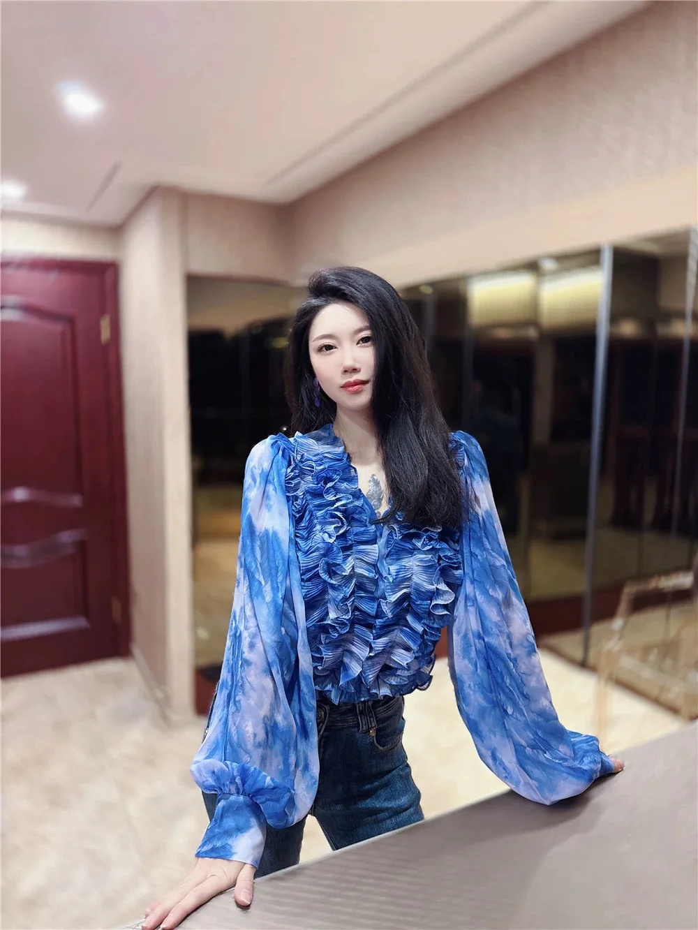 Tie Dye Ruffles Lady Tops Print Flounce Chiffon Shirts Women Party Streetwear Korea Fashion Blouse Autumn Spring V Neck Tops