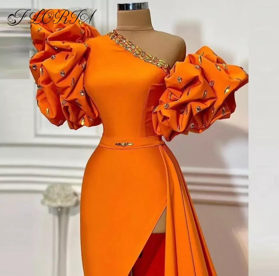 Robe de Soirée Longue pour Femme Africaine, Orange, Manches Bouffantes, Or, Citroën, Grande Taille, 2023