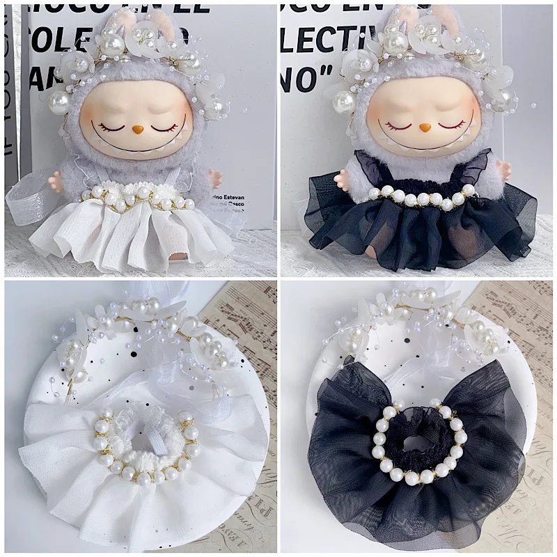 

Labubu 2nd Gen Macaron Party Labubu Sitting Party Doll Clothes for Generation 1 and 2 Black and White Pearl Skirt Set Princess