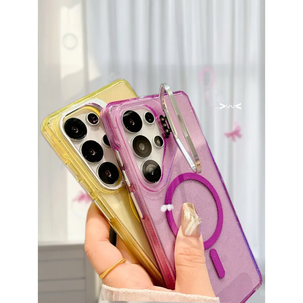 Luxe Magnetische "Glitter" Stand Shockproof Clear Case Voor Samsung Galaxy S25 S24 S23 S22Ultra Plus S24FE PC + TPU Magnetische Cover