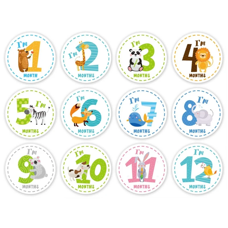 New 12 Sheets Baby Monthly Milestone Stickers Animals Photographic Props