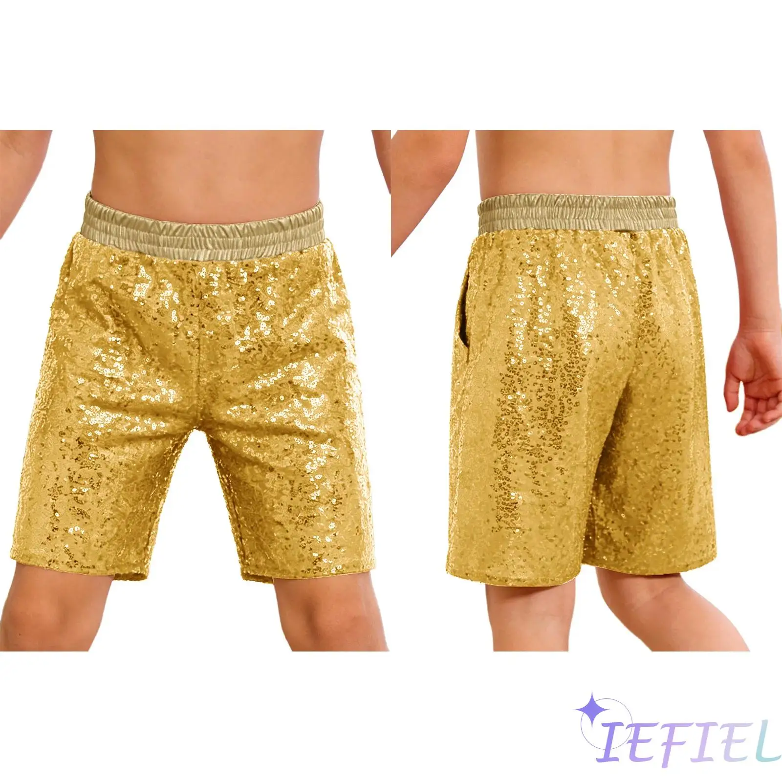 

Kids Jazz Dance Stage Competition Costume Elastic Waistband Soft Lining Shiny Sequins Shorts/Top for Hip Hop Dance Disco Party