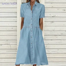 Summer Women'S Elegant Denim Dress Spring Standing Neck Single Breasted Robe Retro Street Style Women'S Casual Loose Dress