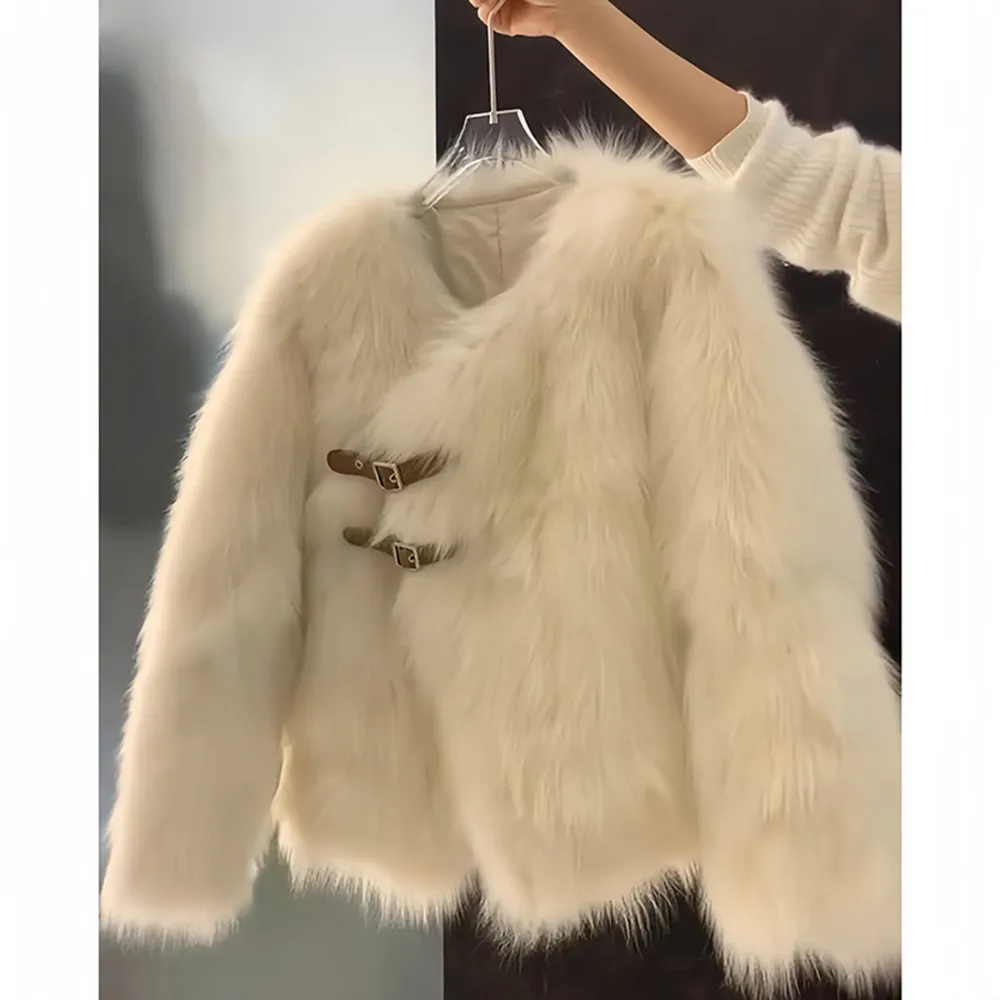 Faux Fox Fur Coats for Women,Single Breasted Jacket,Female Thick Warm Clothes, High Quality,O-Neck,Korean，New, Winter