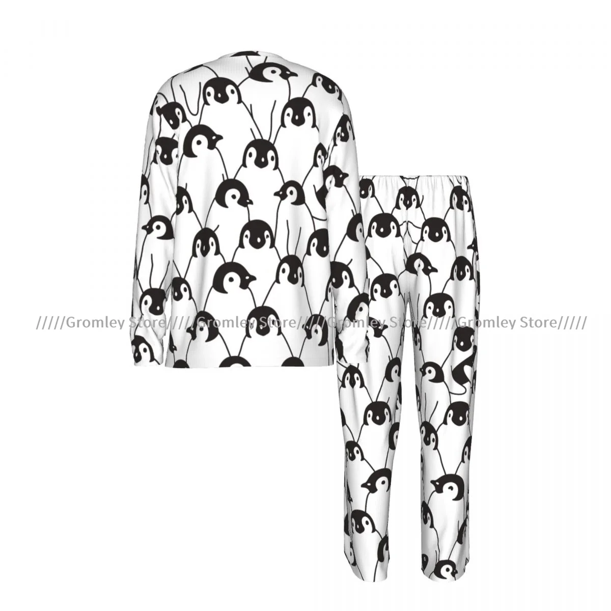 Men's Long Sleeve Long Pants Pajama Set Cute Penguin Pattern Casual Loungewear and Sleepwear for Home