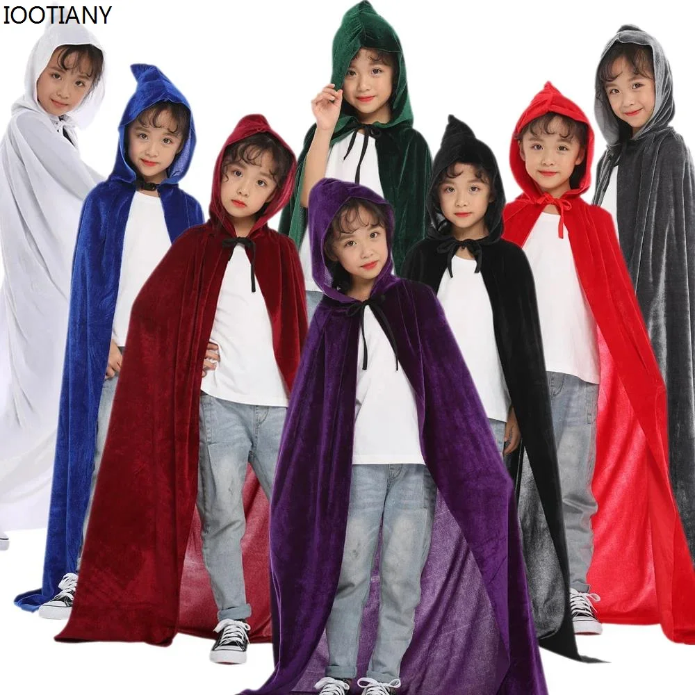 CosplayNew هالوين الاطفال الكبار الساحرة الموت تأثيري عباءة مقنعين ازياء القرون الوسطى عباءة كرنفال حفلة المخملية تظهر زي طويل