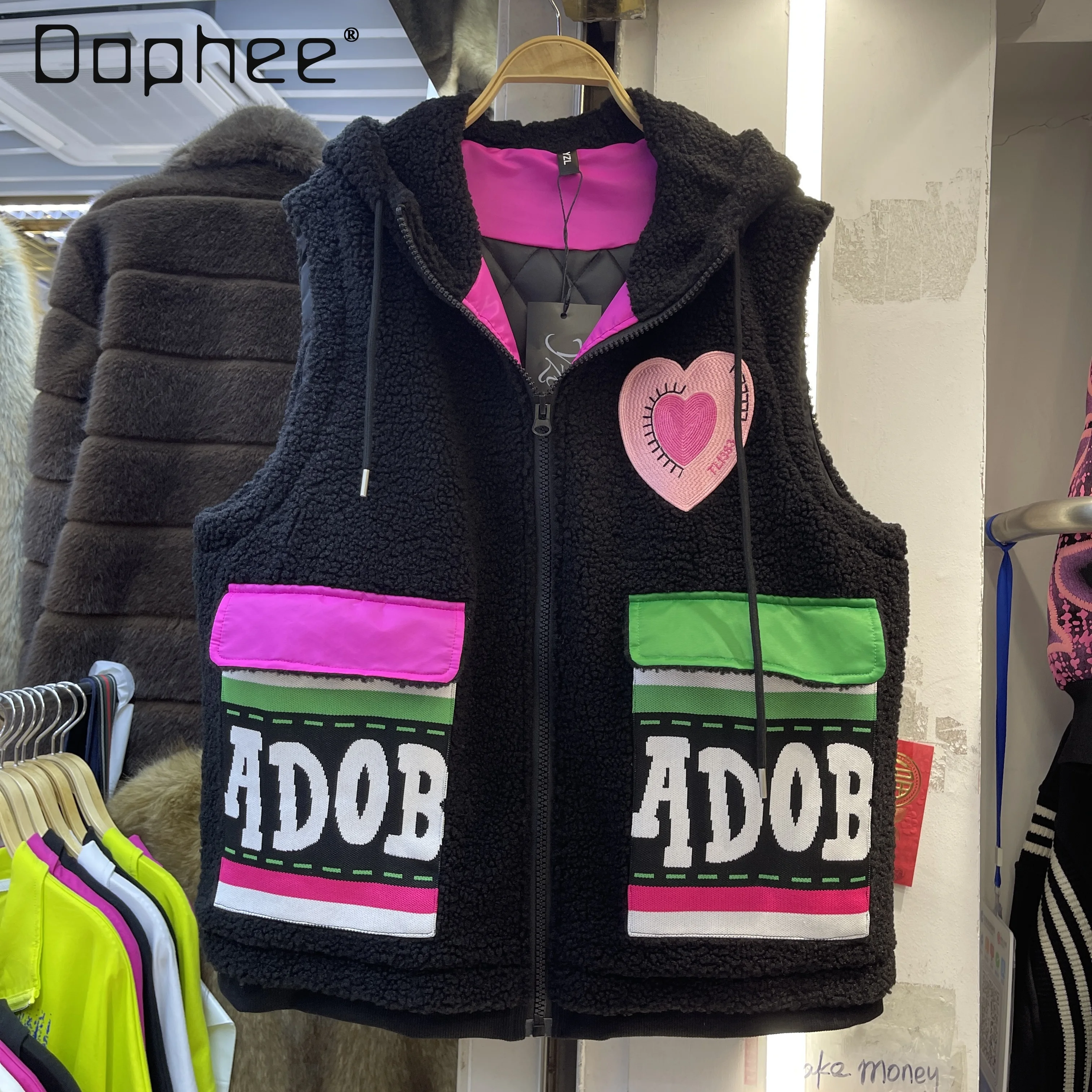 

Fuzzy Fleece Fashion Cartoon Vest Casual Versatile Quilted Patchwork Pocket Letter Sleeveless Hooded Jacket 2025 Autumn Winter