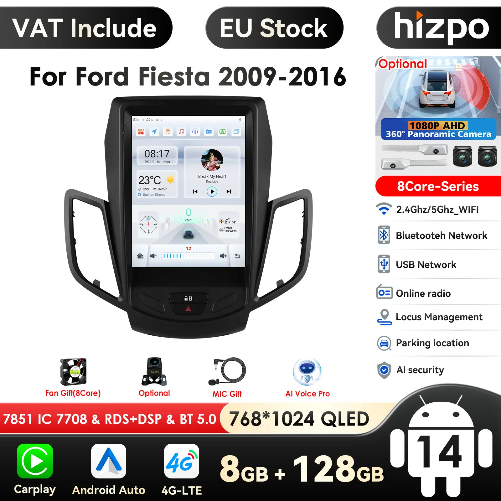Android 14 2Din Autoradio für Ford Fiesta MK7 2009 - 2016 Multimedia Player Navigation Carplay Stereo Head Unit 9,7"
