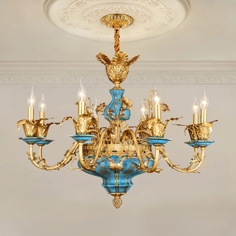 European Baroque Ceramic Brass Pendant Light Villa Hotel Lobby Living Room Foyer Decorative Lamp French Copper Chandeliers