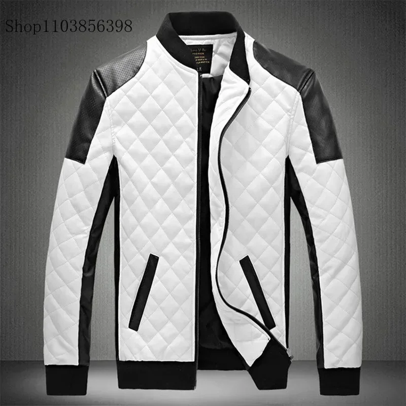 2024 Men Jacket Motorcycle Pu Leather Coat Male Autumn Winter Black White Patchwork Motorcycle Leather Jacket Mens Windbreaker