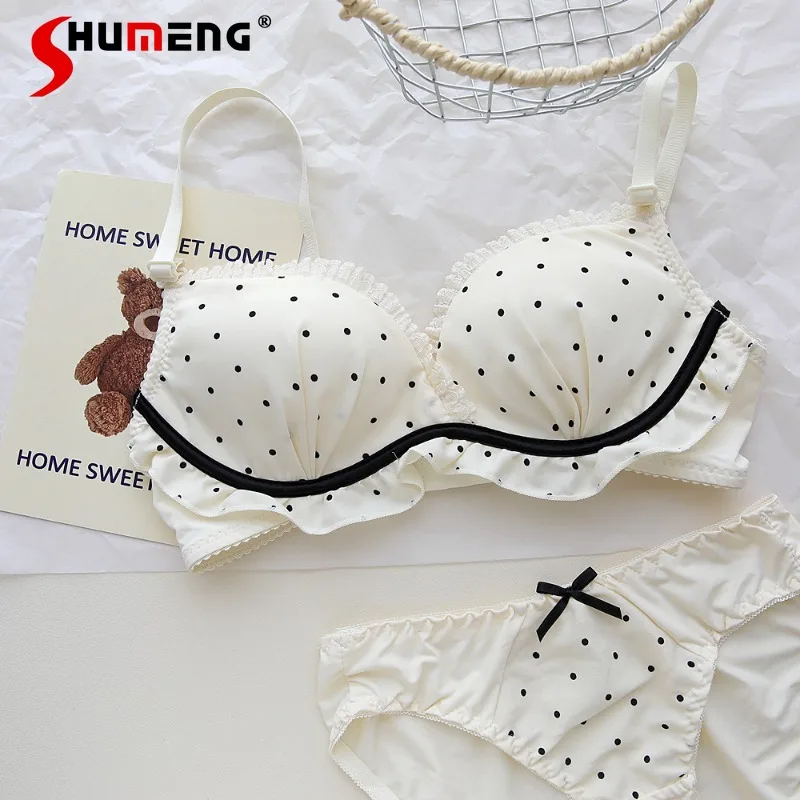

Ruffled Polka Dot Sweet Girl Underwear Wireless Small Chest Push Up Brief Sets Women's Deep V Wireless Bra Suit Intimates